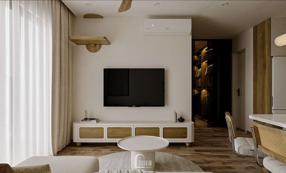 Thiết kế phòng khách chung cư 1 ngủ Masteri Vinhomes Ocean Park phong cách Koreachic mix Scandinavian - Không Gian Lãng Mạn Ôm Ấp Những Tầm Hồn Mộng Mơ